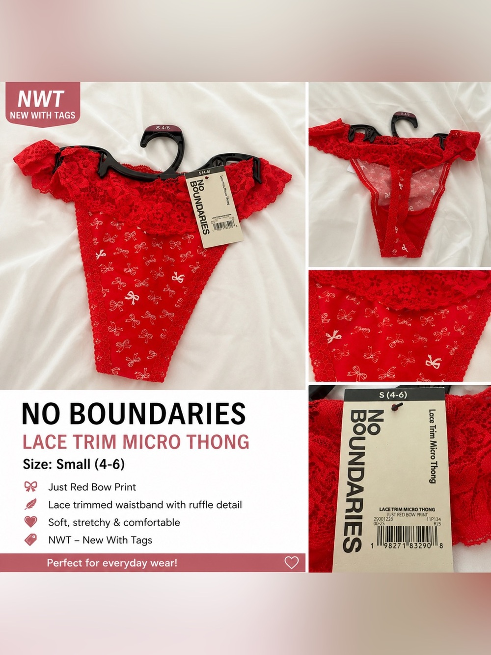 No Boundaries Red Bow Print Lace Trim Micro Thong Size Small 4-6 NWT